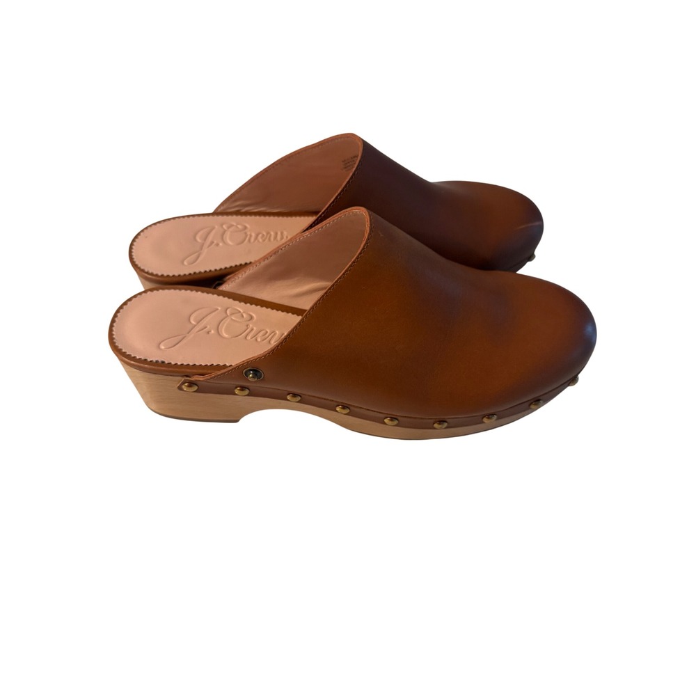 J.Crew Womens Leather Wooden Clogs Brown Studded Mules BA188 Cognac Size 9.5